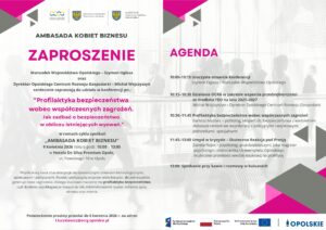 Plakat zapraszający na konferencję „Profilaktyka bezpieczeństwa wobec współczesnych zagrożeń” organizowaną w ramach „Ambasady Kobiet Biznesu”