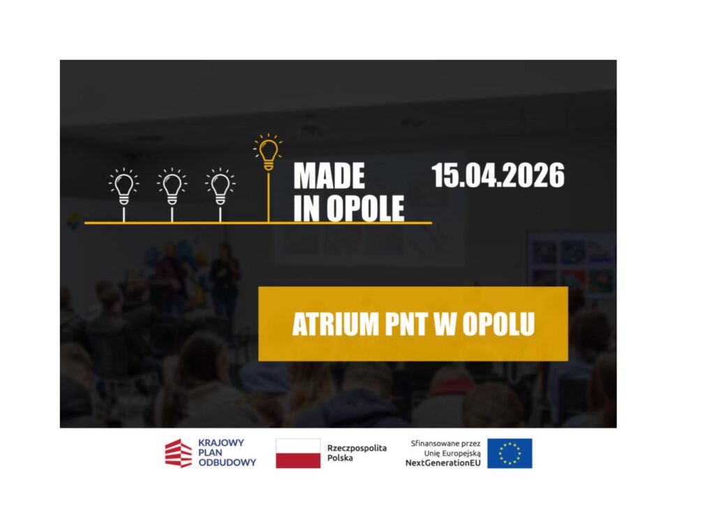 Plakat informuje o wydarzeniu „Made in Opole 2026”, organizowanym przez Park Naukowo-Technologiczny w Opolu. Wydarzenie odbędzie się 15 kwietnia 2026 roku w Atrium Parku Naukowo-Technologicznego w Opolu i będzie poświęcone technologii, branży IT i telekomunikacji oraz przyszłości rynku pracy. W programie przewidziano wykład Adama Haertle „Czy komputer może zabić – historia wielu wpadek, błędów i pomyłek związanych z rozwojem technologii IT”, wieczorne spotkanie z Sylwią Czubkowską „Od big tech do big fake: kto kontroluje wiedzę w sieci?” prowadzone przez dr. hab. Kamila Minknera, a także prezentacje firm technologicznych z regionu, ofertę Branżowego Centrum Umiejętności, strefę wystawienniczą i networking.